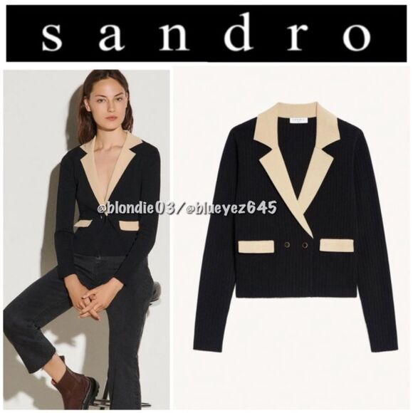 Sandro Barney Contrast Trimmed Black Cardigan Crop Size S - Picture 3 of 11
